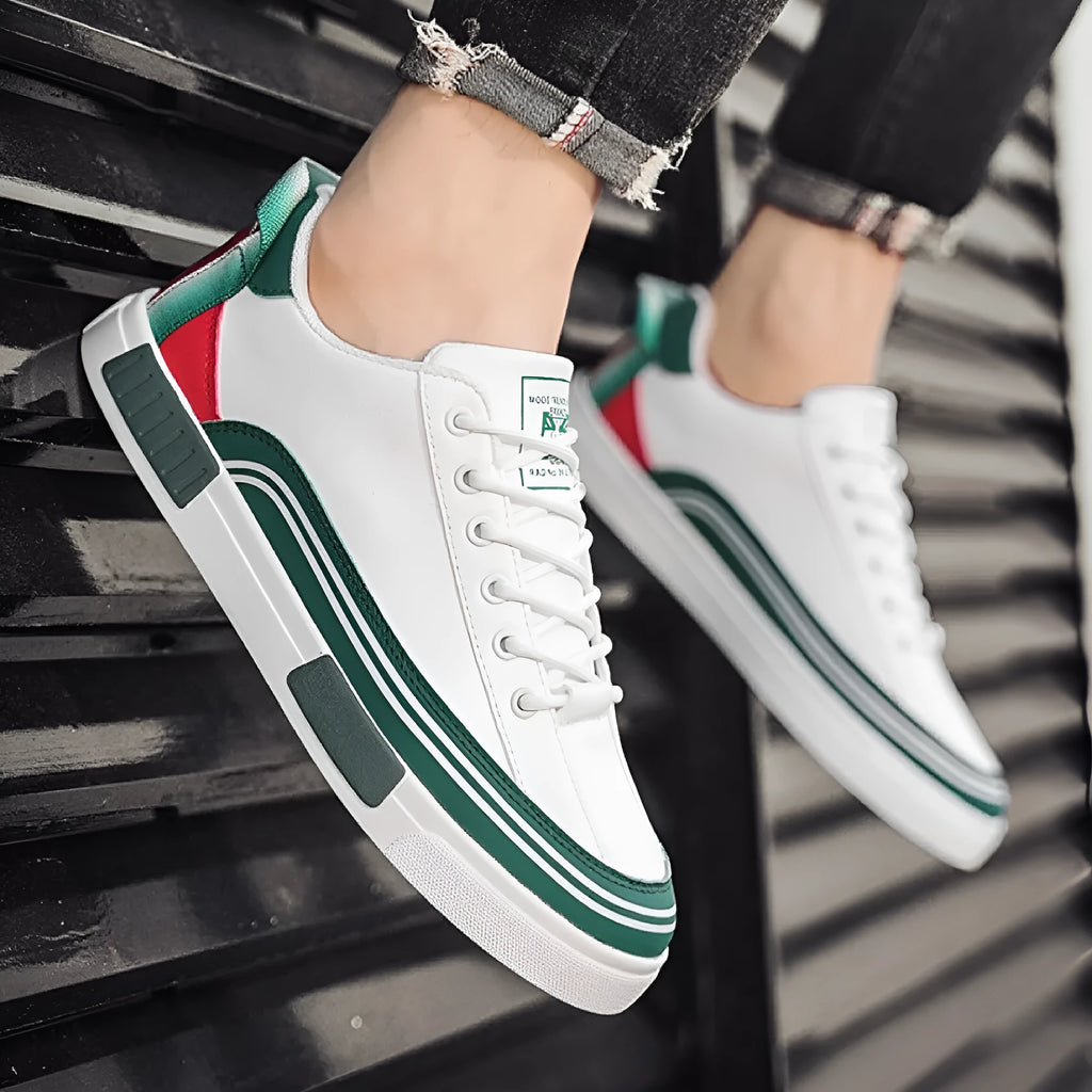 Men's beige and white-green canvas casual shoes with mesh ventilation panels