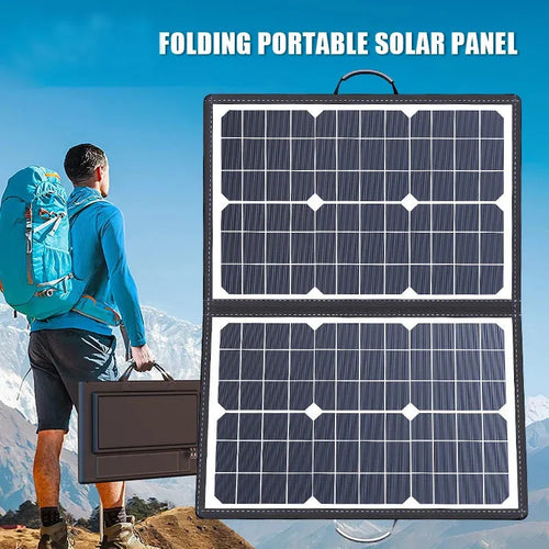 Black 40W monocrystalline solar panel folded in carrying bag showing compact 425mm size