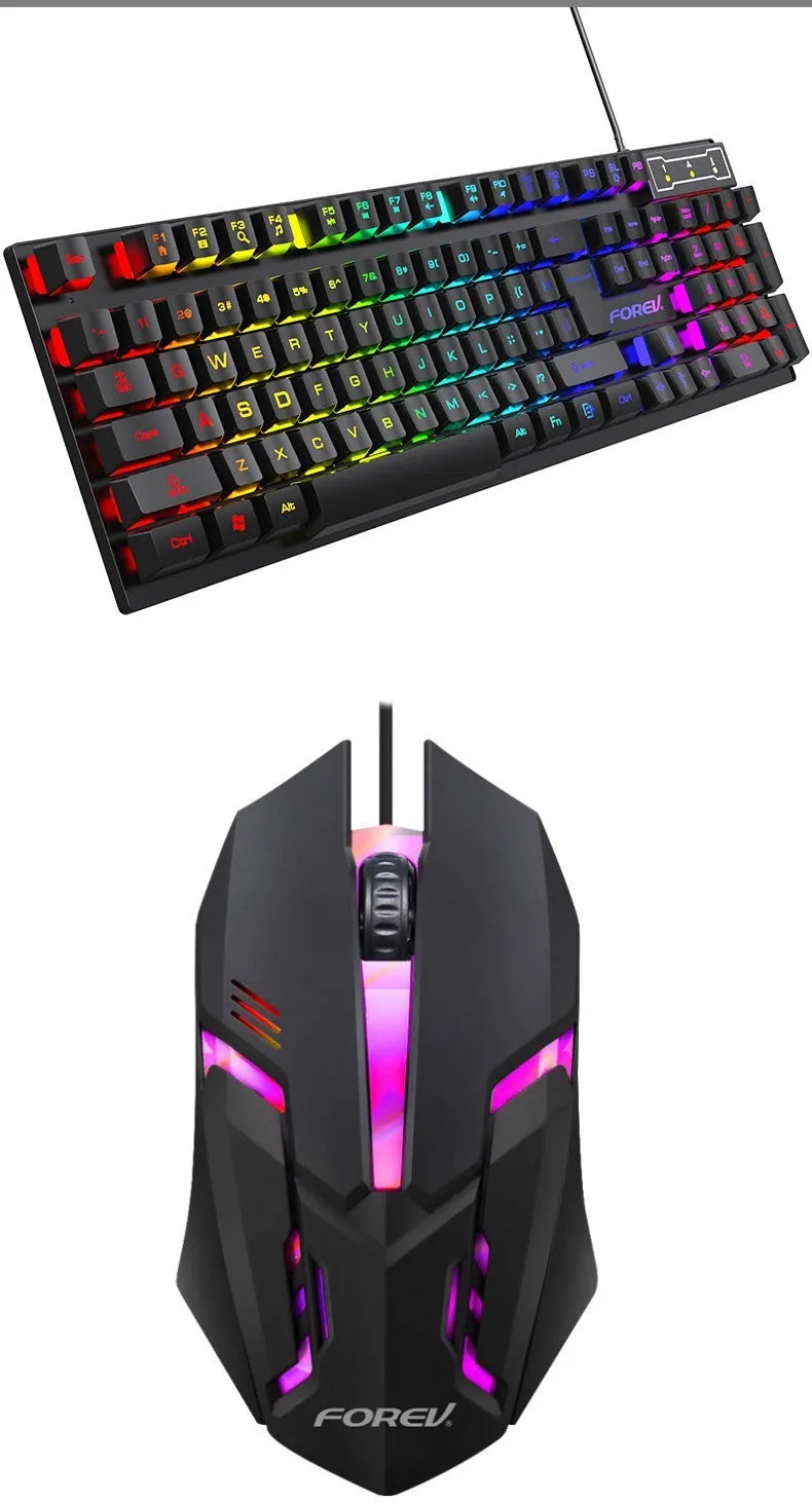 Black 104-key backlit gaming keyboard with optional mouse, showing ABS construction and 1.5m cable