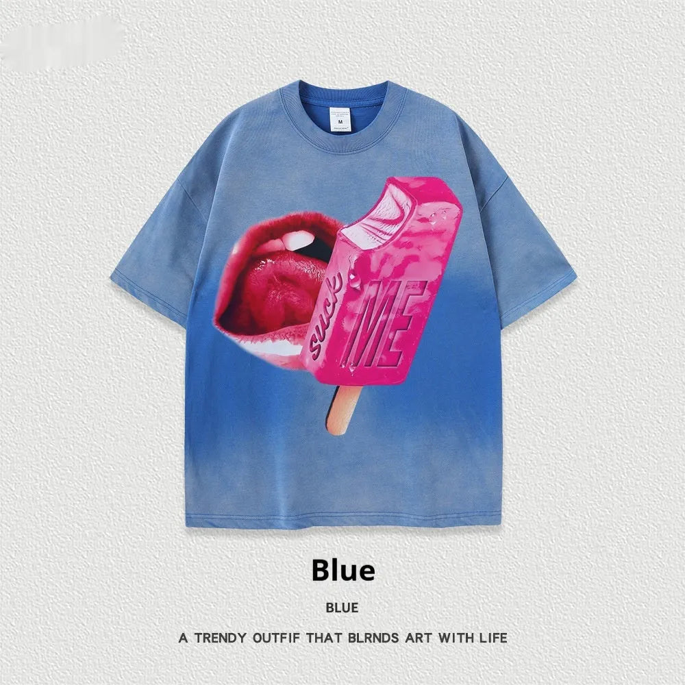 A loose-fit, heavy washed short-sleeved streetwear T-shirt on a hanger.