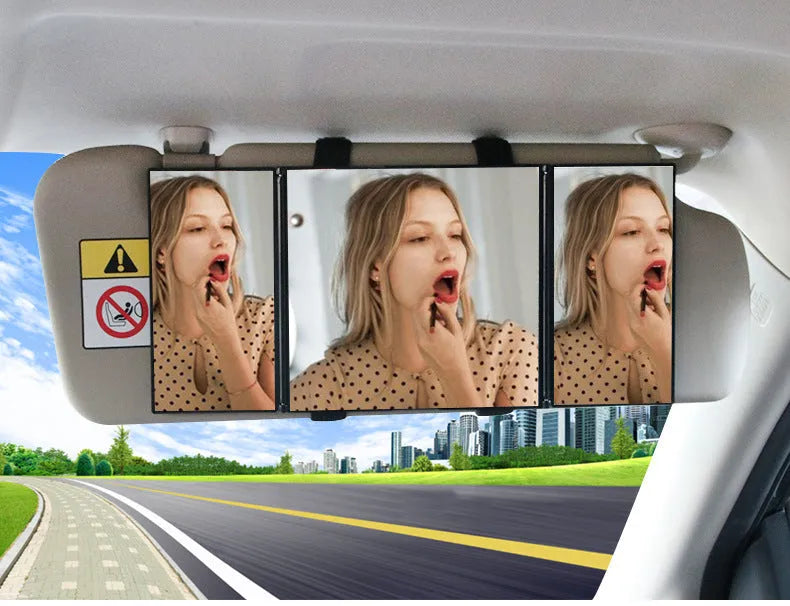 Silver folding car visor makeup mirror shown open and closed