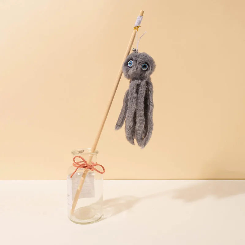 Octopus-themed furry cat toy with eyes on 40cm long stick for indoor kitten play