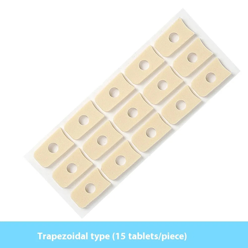Pack of women's lightweight PU heel corn protector pads showing large oval, small oval, U-shaped, and circular section shapes.