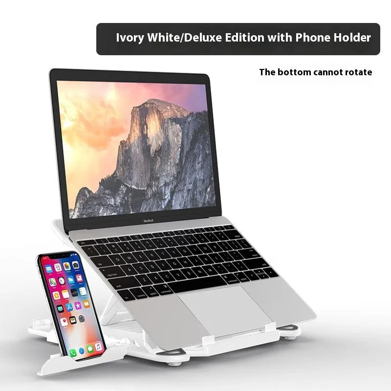 Black ABS plastic laptop lifting bracket with integrated phone holder on a wooden desk