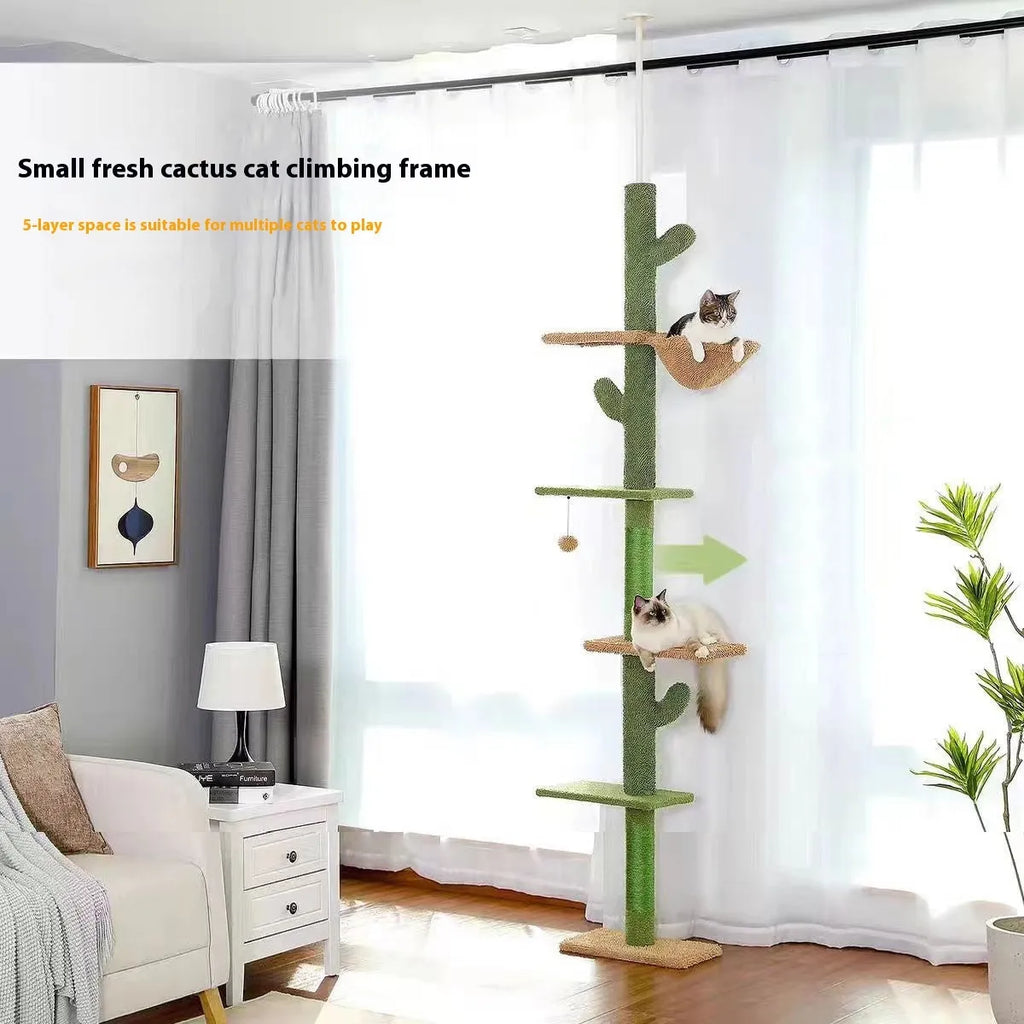 Solid wood cat climbing frame with cactus-shaped nest, scratch board, and toys measuring 240cm tall