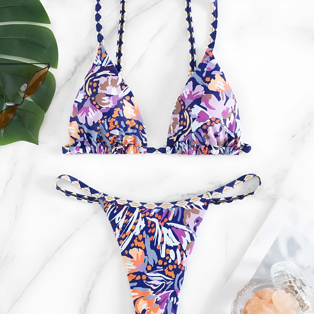 Women's floral print triangle bag swimsuit briefs in polyester with S M L sizing