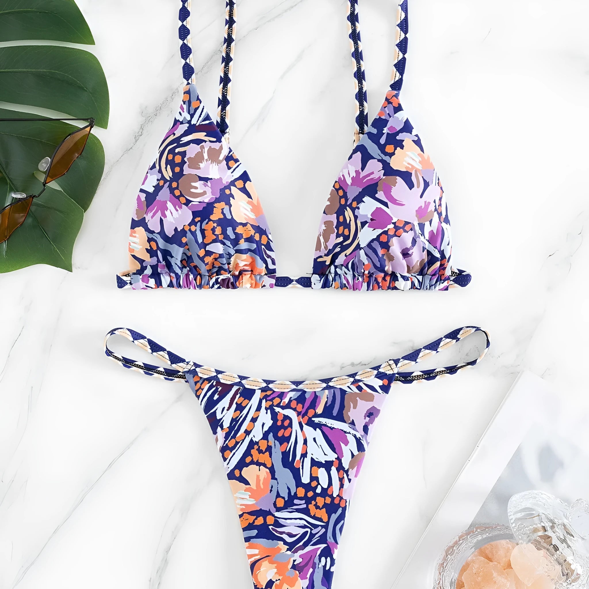 Women's floral print triangle bag swimsuit briefs in polyester with S M L sizing