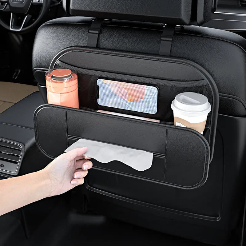 Black leather car seat storage bag with dimensions 36cm wide by 8cm tall by 24cm deep