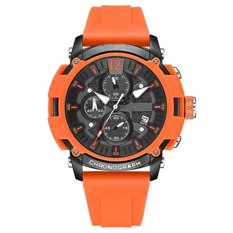 Men's multi-function digital watch with luminous display on a wrist, showing black, blue, green, orange, and red colour options.