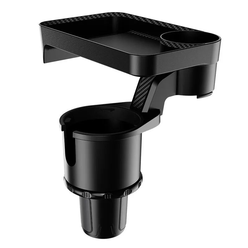 Black ABS plastic car-mounted rotating dinner tray holder installed in vehicle cup holder