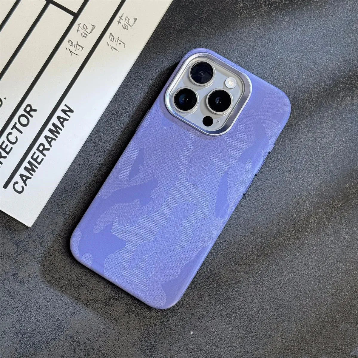 Magnetic camouflage leather phone case for iPhone with shockproof anti-fingerprint fabric finish in dark purple