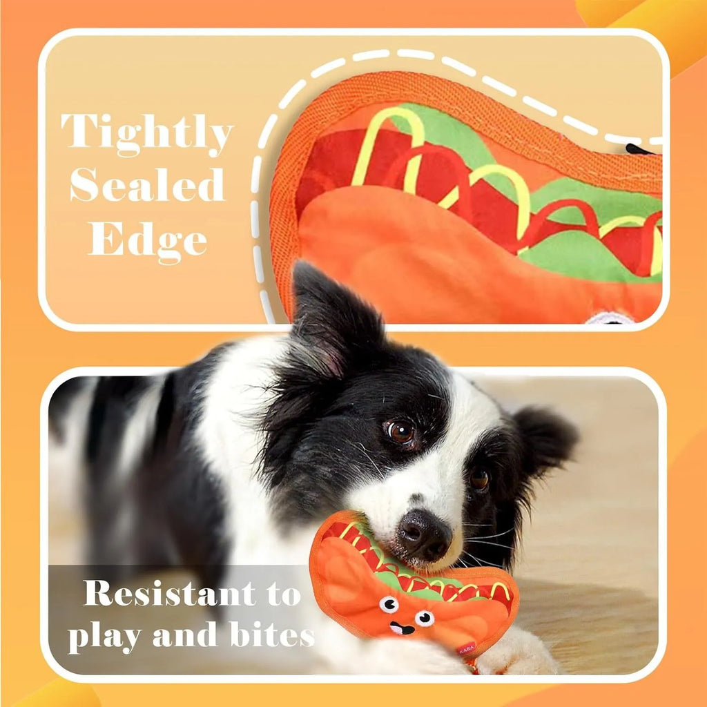 Hamburger-shaped dog chew toy with red, yellow and brown colours showing crinkle and squeak features