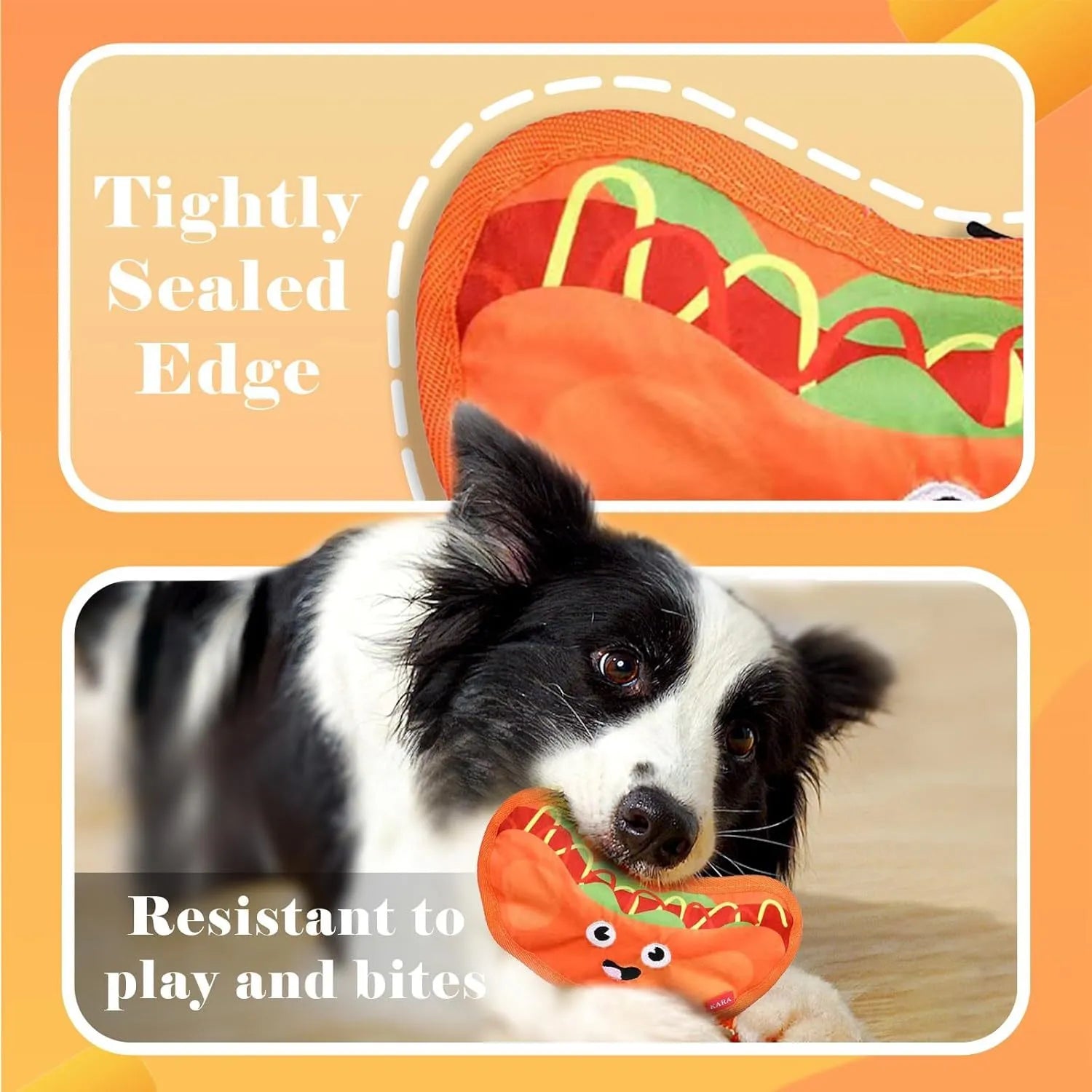 Hamburger-shaped dog chew toy with red, yellow and brown colours showing crinkle and squeak features