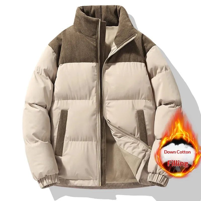 Unisex winter stand-collar padded coat in solid colour, loose fit, side seam pockets, polyester fabric