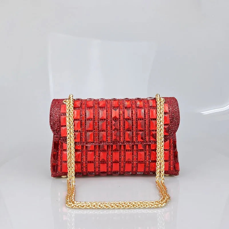 Shiny glass rhinestone chain clutch in horizontal square PU shape with black colour and open pocket