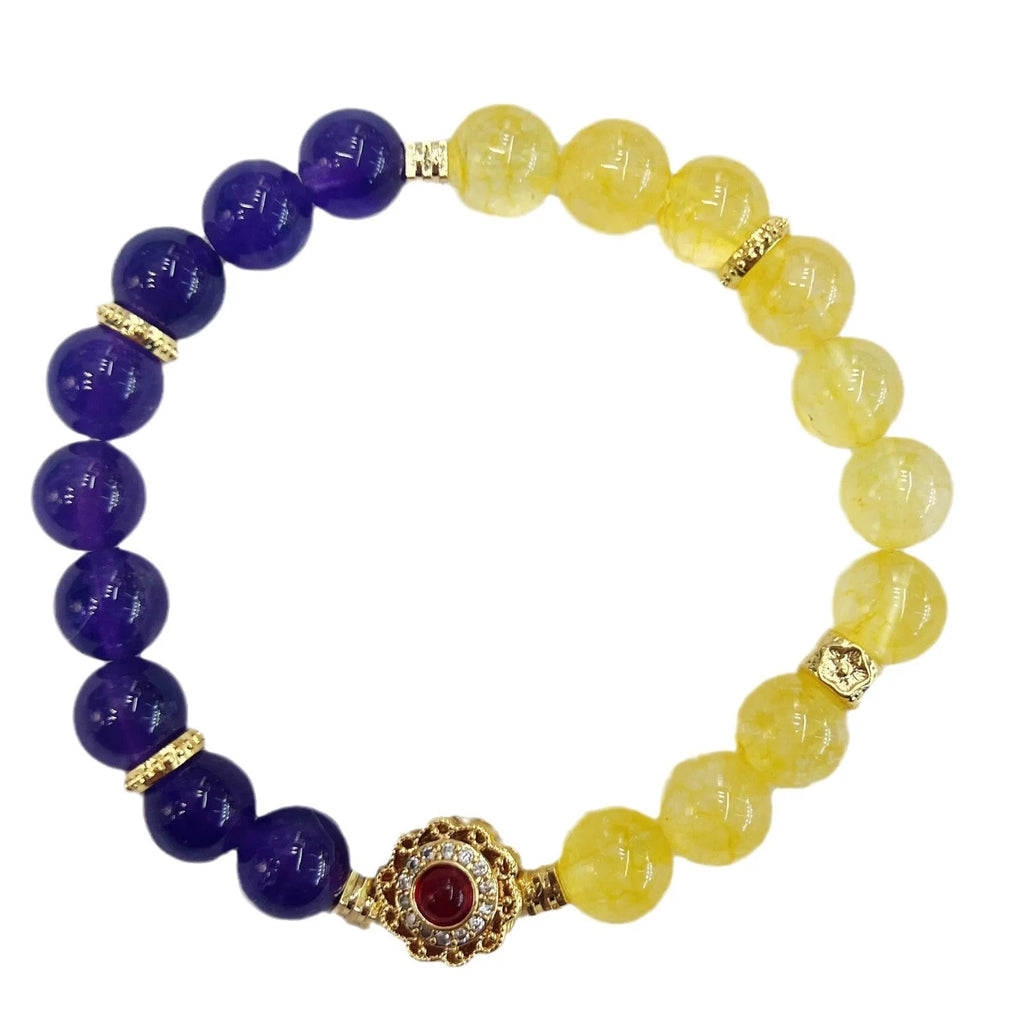Handmade amethyst crystal bracelet with yellow and purple beads for women