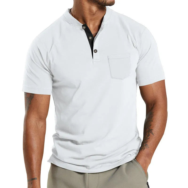 Plus size man wearing a light grey short sleeve casual shirt with a button chest pocket.