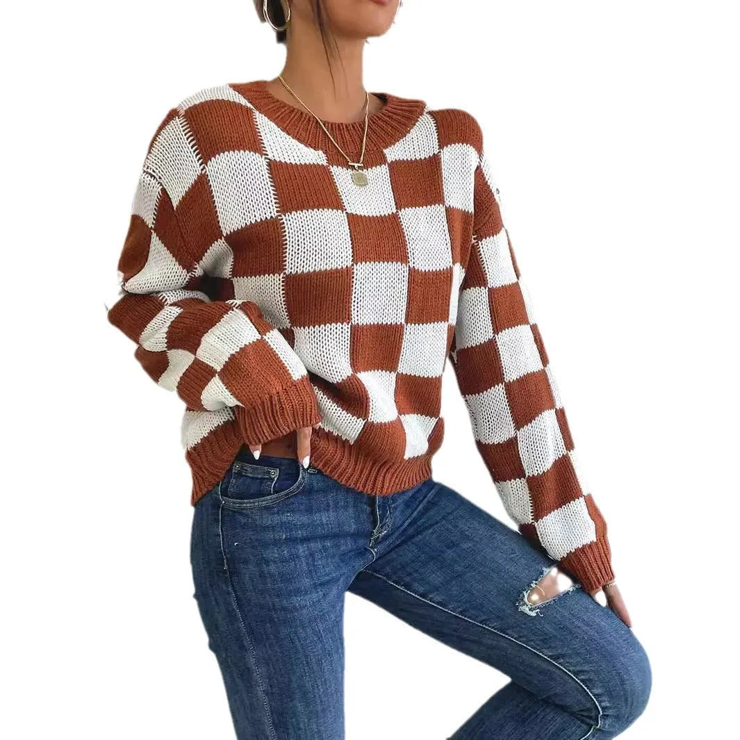Dark brown plaid pattern acrylic pullover sweater with loose fit and long sleeves