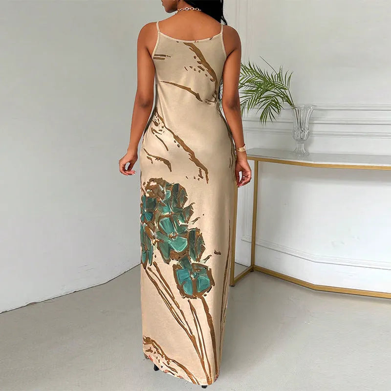 Khaki strapless dress with butterfly print, mid-rise waist, mid-length skirt, sleeveless, milk silk fabric