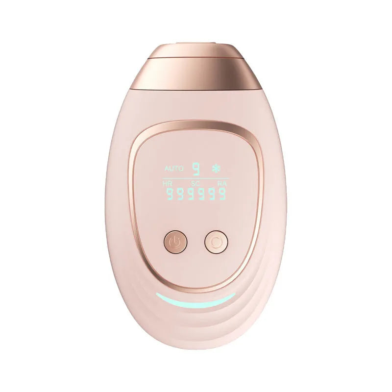 Pink and white laser hair removal device with ice-sensing technology, protective glasses, and charging accessories