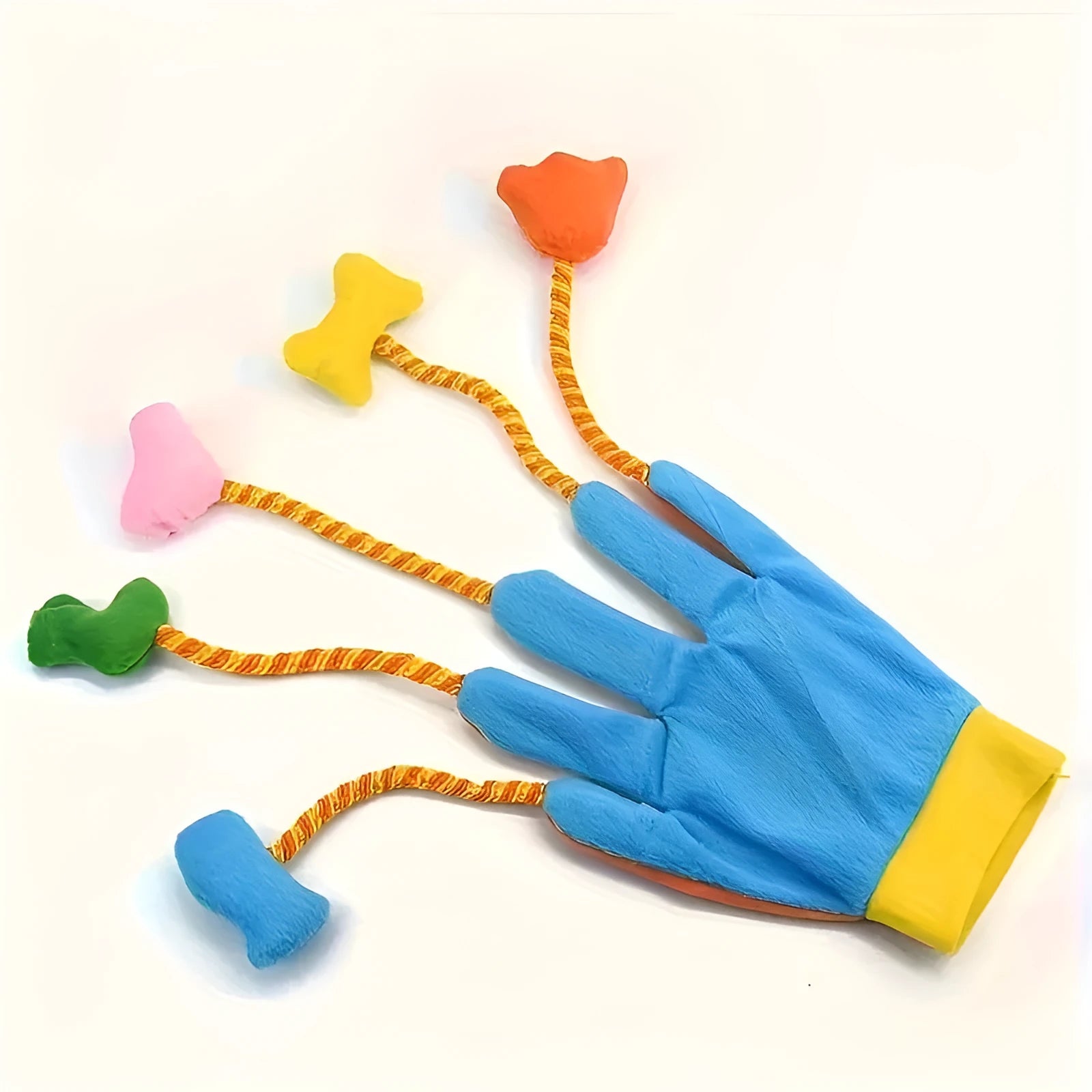 Yellow and blue Magic Glove plush cat toy with integrated bell, measuring 40cm long