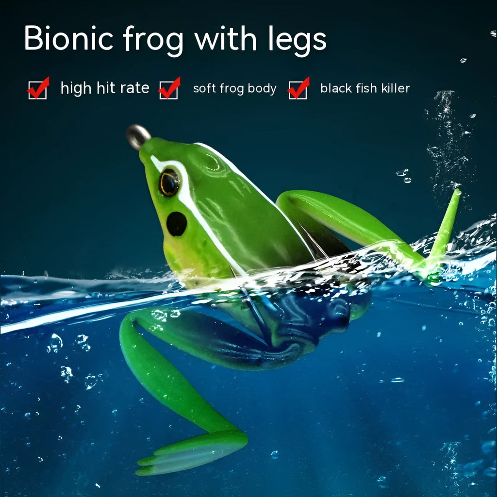 Bionic Real Thunder Frog Snake Head fishing lure with double hooks in grass green and black yellow dots colours