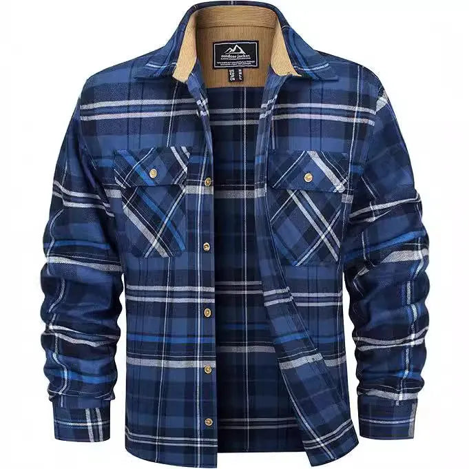 Men's casual plaid button shirt in cardigan style for winter, available in multiple colours.