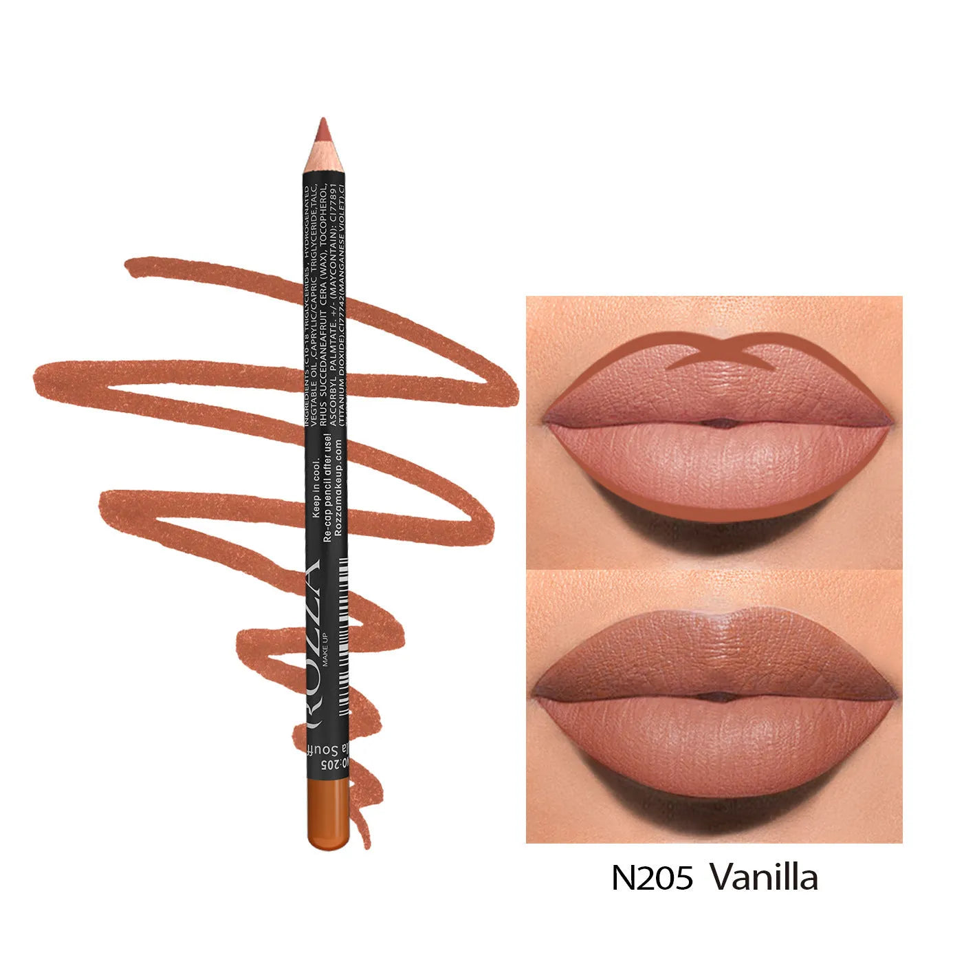 Wooden matte lip liner pencil in various shades showing 24 hour wear and waterproof claim