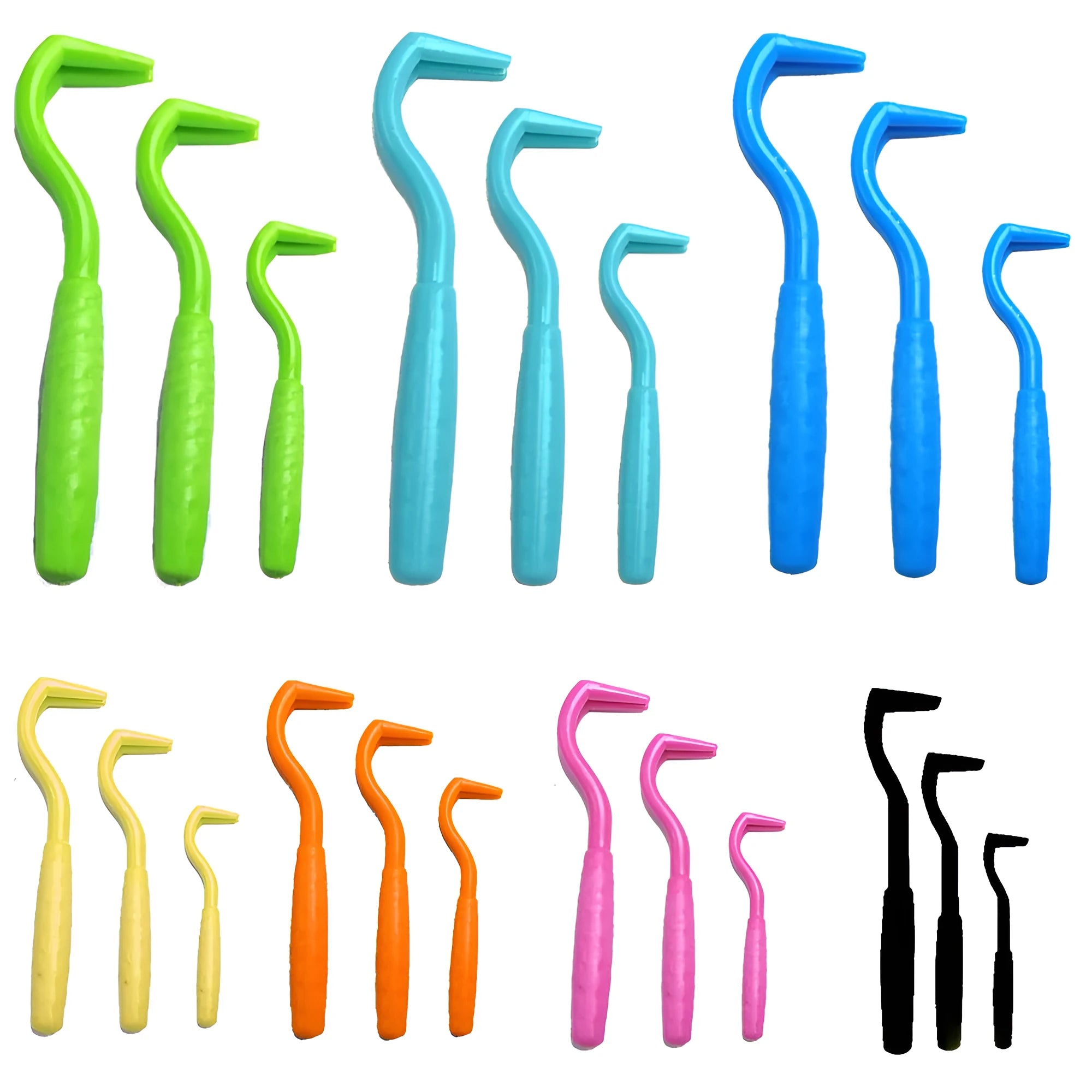 Set of three coloured plastic tick removal hooks for dogs on a white background.