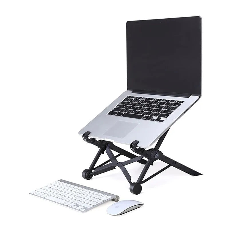 Sagacious black portable folding computer bracket with adjustable height mechanism for laptops and tablets