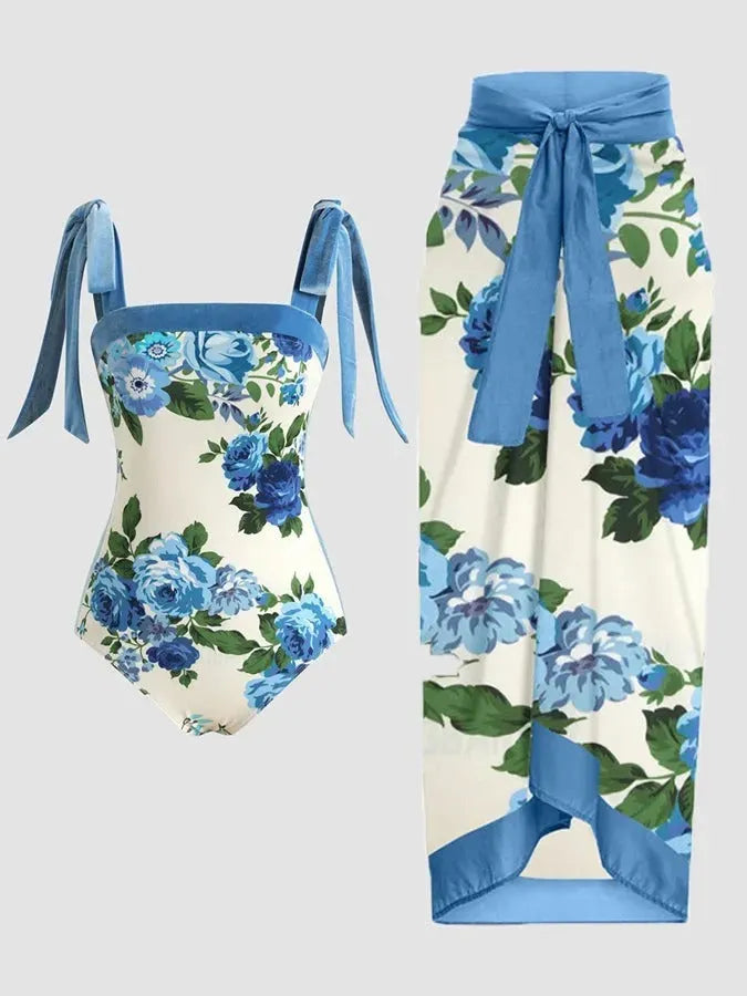 Women's printed chiffon two-piece swimsuit set with matching hip skirt