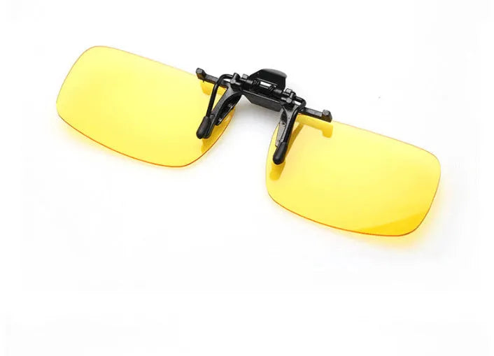 Clip-on sunglasses for prescription glasses in large and small PC frame sizes with grey, green, and night vision lenses