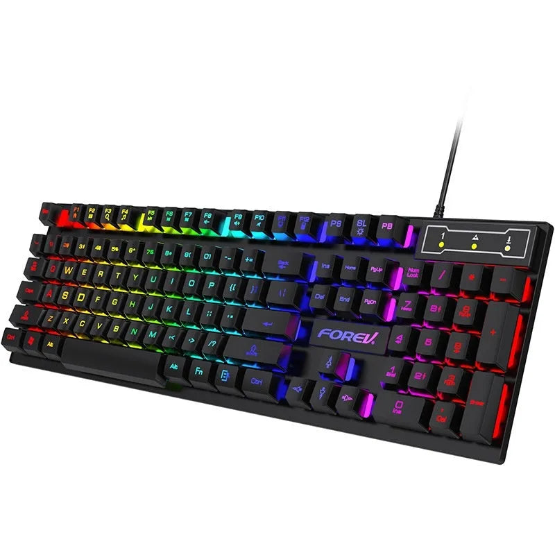 Black 104-key backlit gaming keyboard with optional mouse, showing ABS construction and 1.5m cable