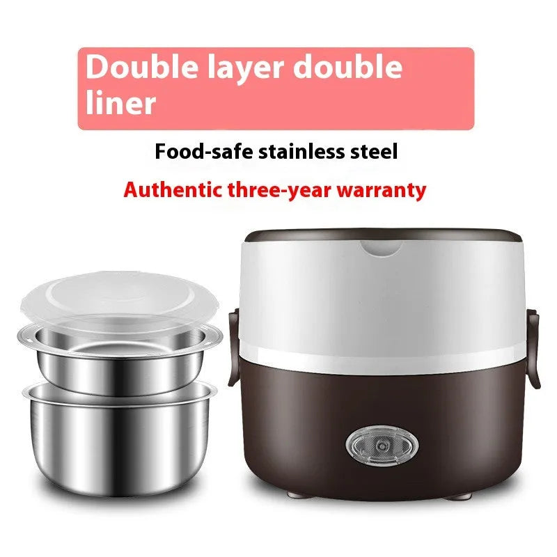 Portable plug-in insulated lunch box with stainless steel inner liner, double layer pink colour, and mains power cord