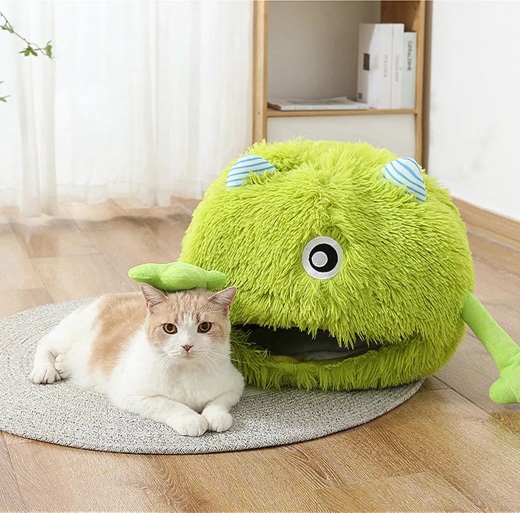 Round fluffy cat bed with non-slip base in three size options
