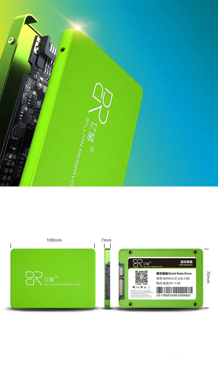 Black plastic solid state drive with SATA 3.0 interface showing capacity options from 128GB to 2TB