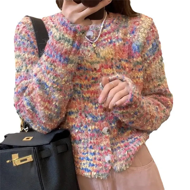 Rainbow pattern knitted cardigan in green or pink with slim fit and regular sleeves
