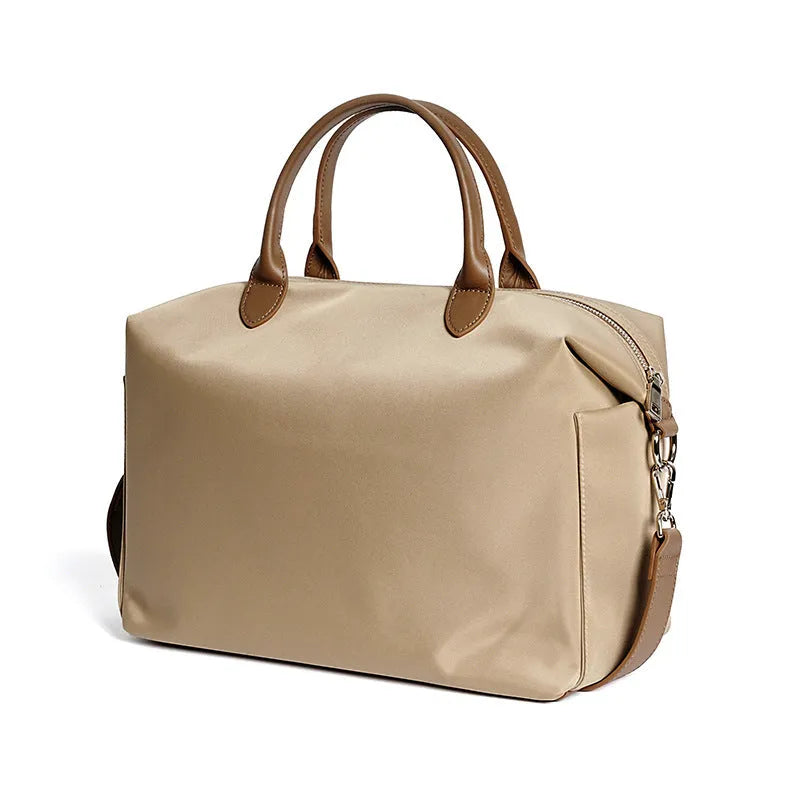 Nylon waterproof cloth shoulder bag with leather accents in black or light khaki colour