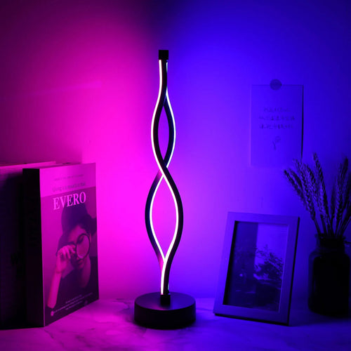 Black aluminium desk lamp with a touch dimming button for blue, pink, and warm white light.