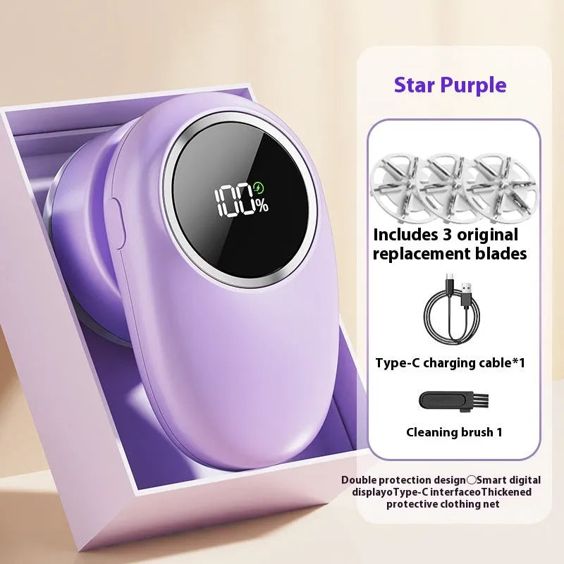 Beige and purple digital fur ball trimmer lint removers with one, two, three, and four cutter head options on a table.