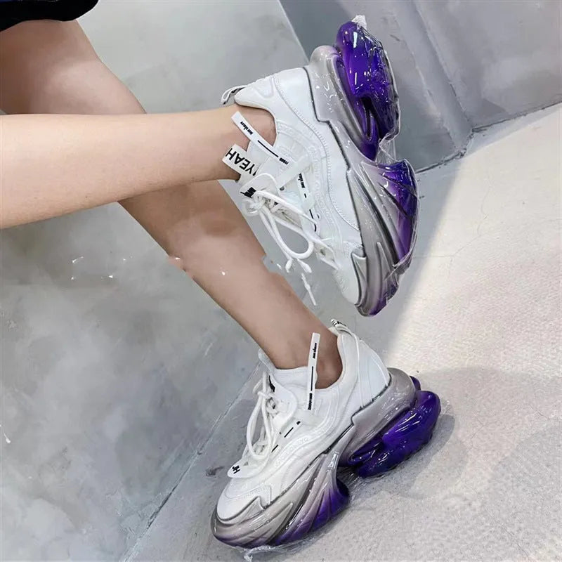 Women's leather casual sports shoes with thick jelly sole and cross-tie design in assorted colours.