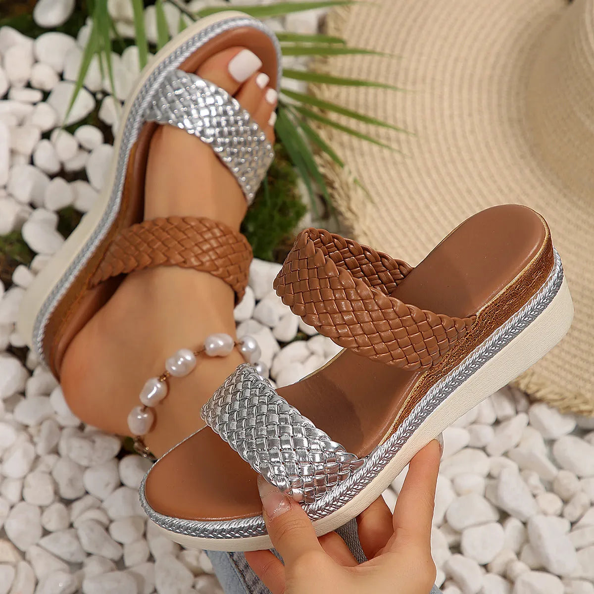 Gold metallic wedge sandals for women with PU upper and rubber sole