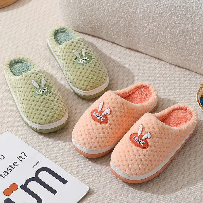 Women's plaid rabbit design artificial fur house slippers with thick rubber soles