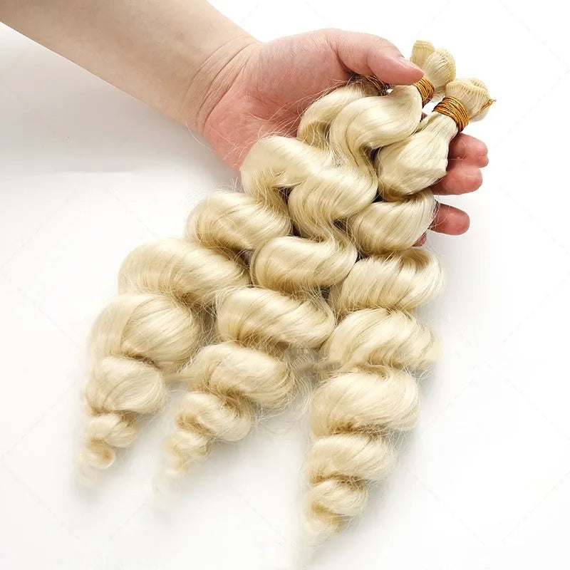 Golden women's chemical fibre wig in 18, 20, and 22 inch lengths.