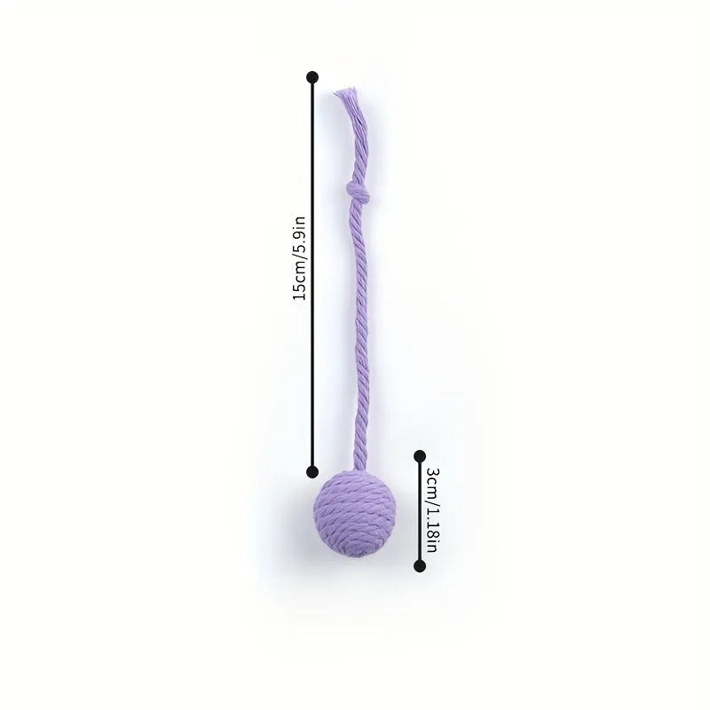 Colourful cat toy ball with rope handle and internal bell in 6cm or 3cm sizes
