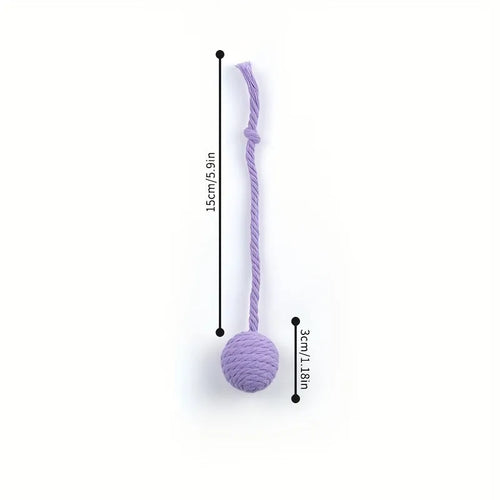 Colourful cat toy ball with rope handle and internal bell in 6cm or 3cm sizes