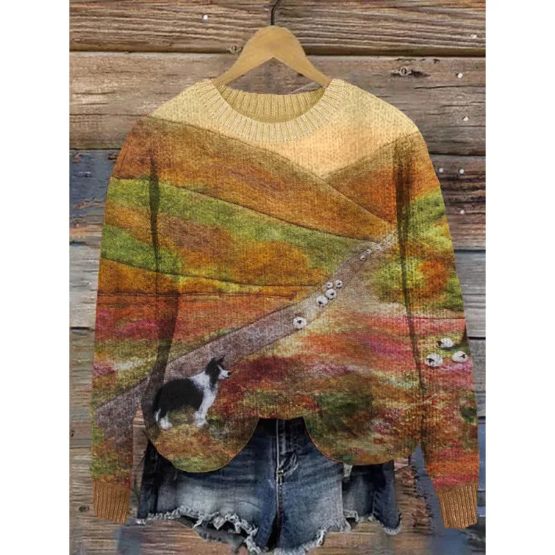 Women's round neck sweater with a small digital floral print in a solid colour.