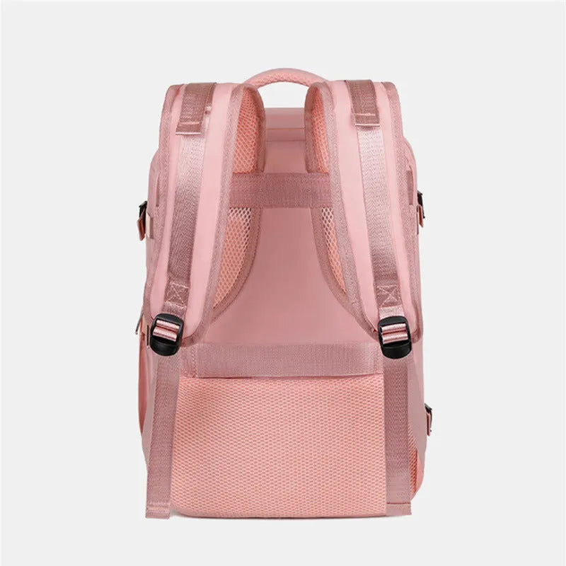 Large-capacity travel backpack in purple, grey, black, or pink with organised compartments and waterproof Oxford fabric