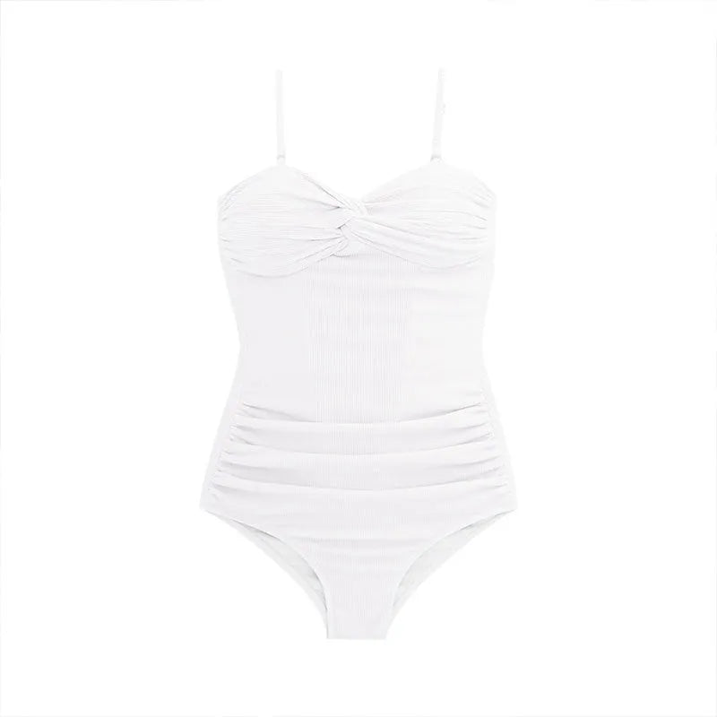 Women's black one-piece suspender swimsuit with high waist and adjustable straps
