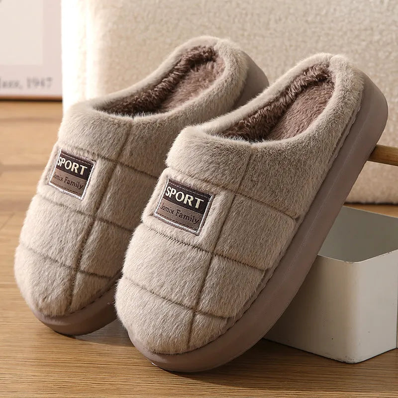 Men's grey and brown plaid cotton slippers with artificial wool lining and EVA soles